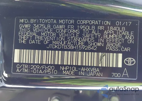 2017 Toyota Prius C One из США, поврежденный, VIN JTDKDTB38H1592842